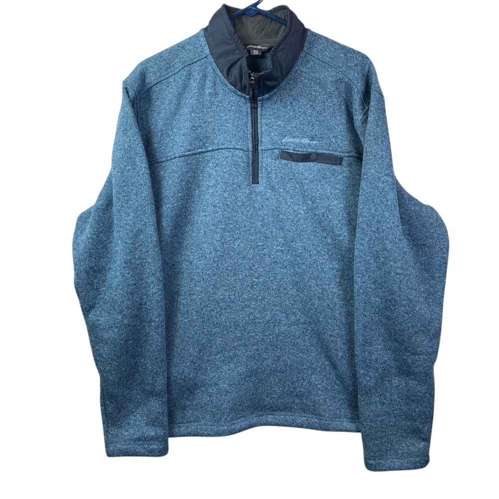 Eddie Bauer Fleece Quarter Zip Pullover Sweater Mens XL Marled Blue Mock Neck